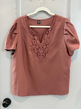 SHEIN Rosewood Crochet V‑Neck Puff Sleeve Top